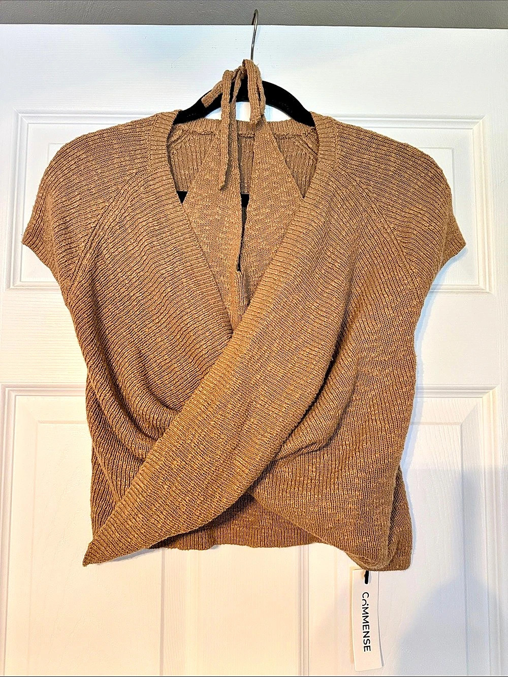 Commense Halter Wrap Short Sleeve Knit Top in Brown, Medium